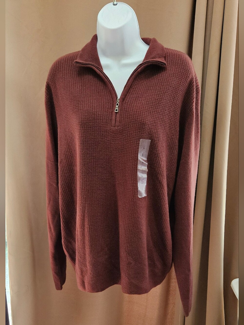 NWT Weatherproof Vintage Men L Quarter Zip Sweater Waffle Knit Russet Maroon